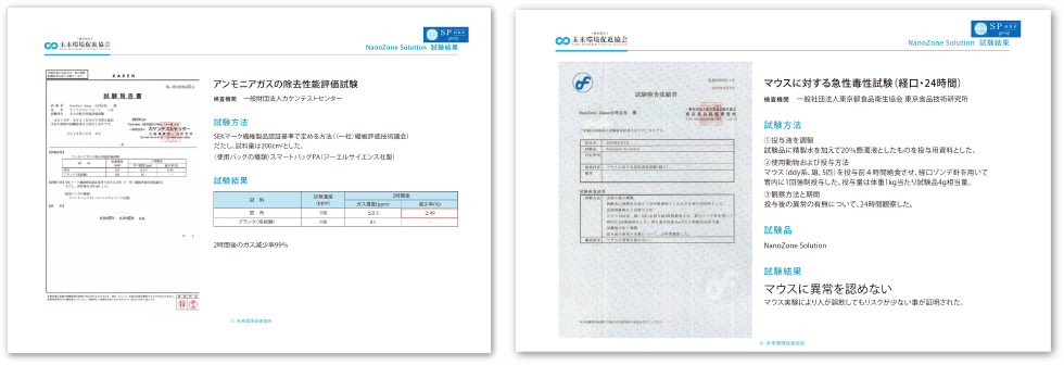 アンモニアの除去性能とマウスに対する試験結果画像